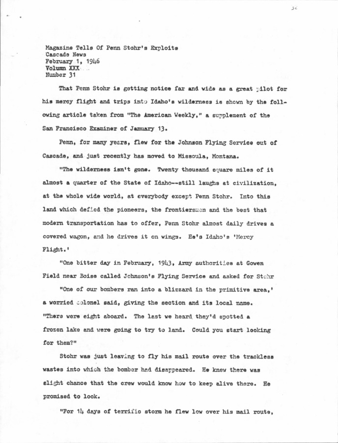 3 pages of family history documents containing and related to Penn Stohr; Johnson Flying Service - including: Cascade News reprint