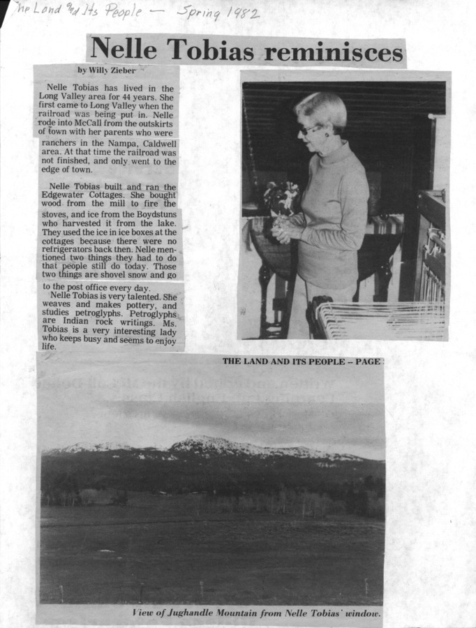 89 pages of family history documents containing and related to Nelle Tobias; Idaho Conservation League; Steven Stuebner; Wendy Wilson - including: The Star News, Idaho Statesman, The Land & Its People; Oral History by the Idaho State Historical Society, and copy of Speech given by Mary C. Wood "Staking a Claim in Nature's Trust" Star News obit.