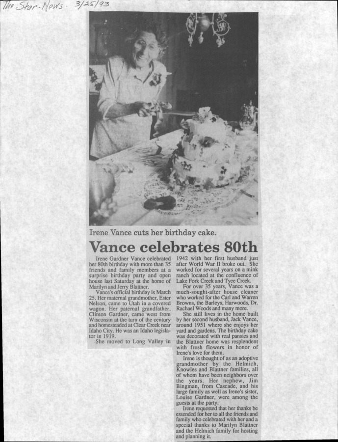 1 page of family history documents containing and related to Irene Gardner Vance, Marilyn & Jerry Blattner, The Helmich Family, Clinton Gardner, Jack Vance - including: Star News Birthday article