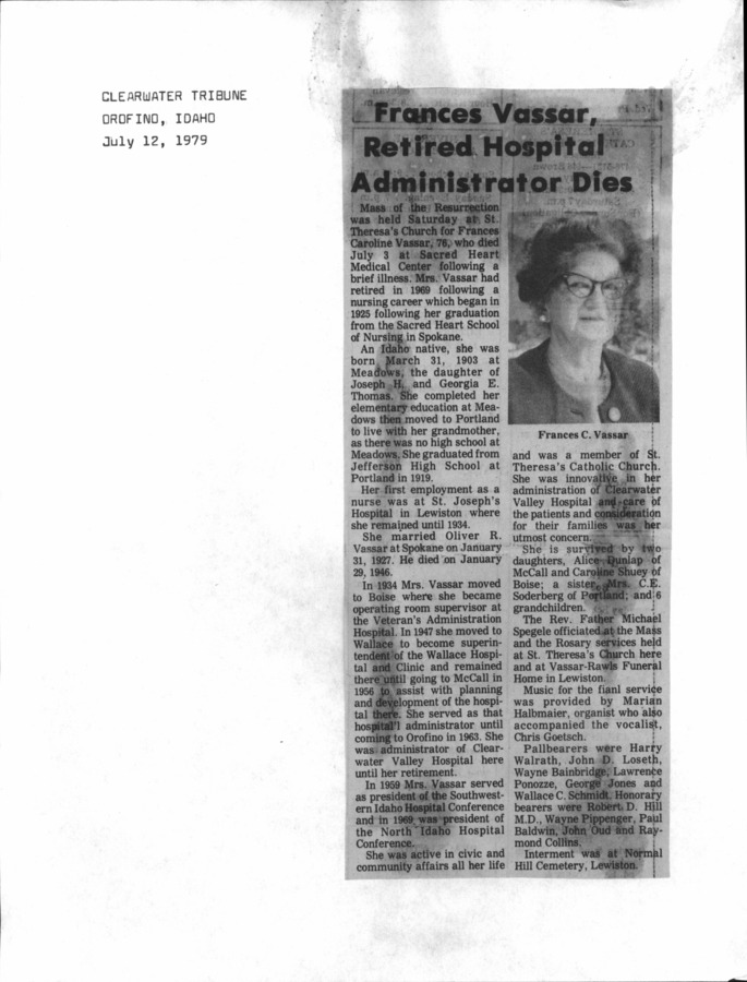 2 pages of family history documents containing and related to Frances Vassar; Oliver R. Vassar; Alice Dunlap; Caroline Shuey, McCall Memorial Hospital - including: The Star News, Clearwater Tribune