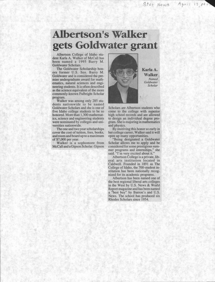 1 page of family history documents containing and related to Karla A. Walker; Barry Goldwater Scholarship - including: The Star News