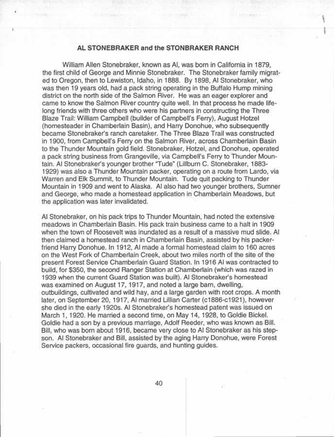 2 pages of family history documents containing and related to Al Stonebraker; William Allen Stonebraker; Stonebraker Ranch; George Stonebraker; Thunder Mountain gold camps - including: Peter Preston books & papers reprinted