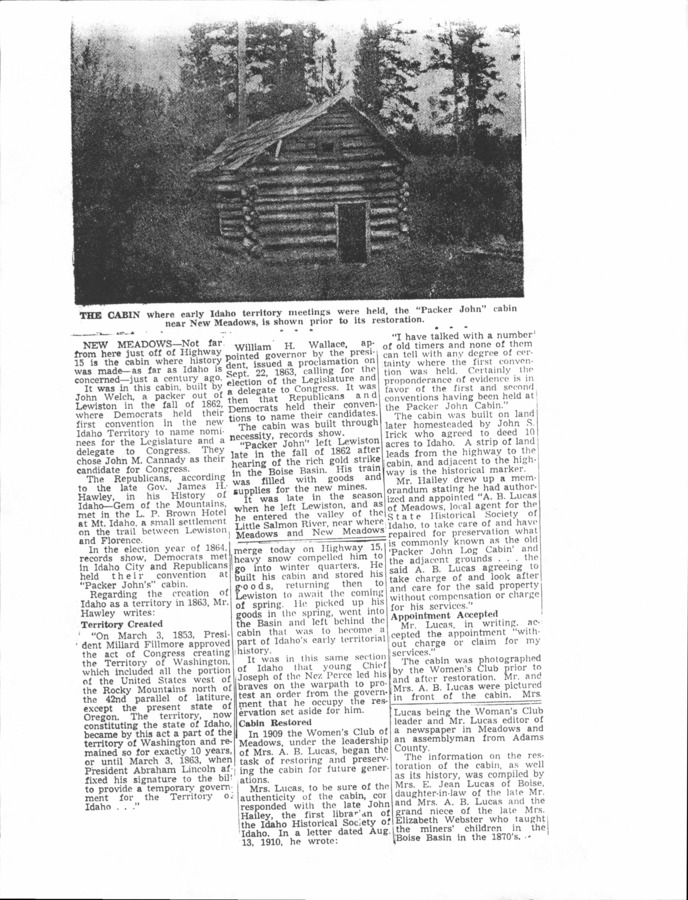 4 pages of family history documents containing and related to John Welch; aka Packer John Welch; Mr. & Mrs. A.B. Lucas; Packer John's Cabin - including: Historic articles and clippings, Star News