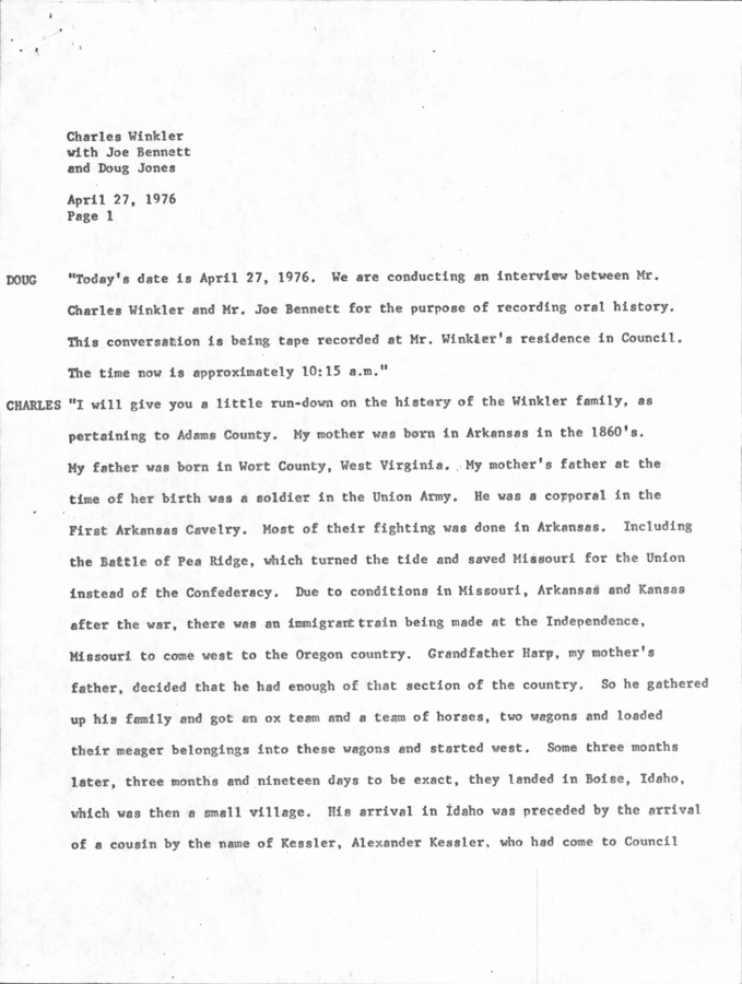 23 pages of family history documents containing and related to Charles Winkler; Golden Rule Mine; Senator Charles Winkler; Mrs Ester Winkler; Council History; Adams County; Mesa Apple Orchard - including: Transcribed tapes of Idaho Oral History Project