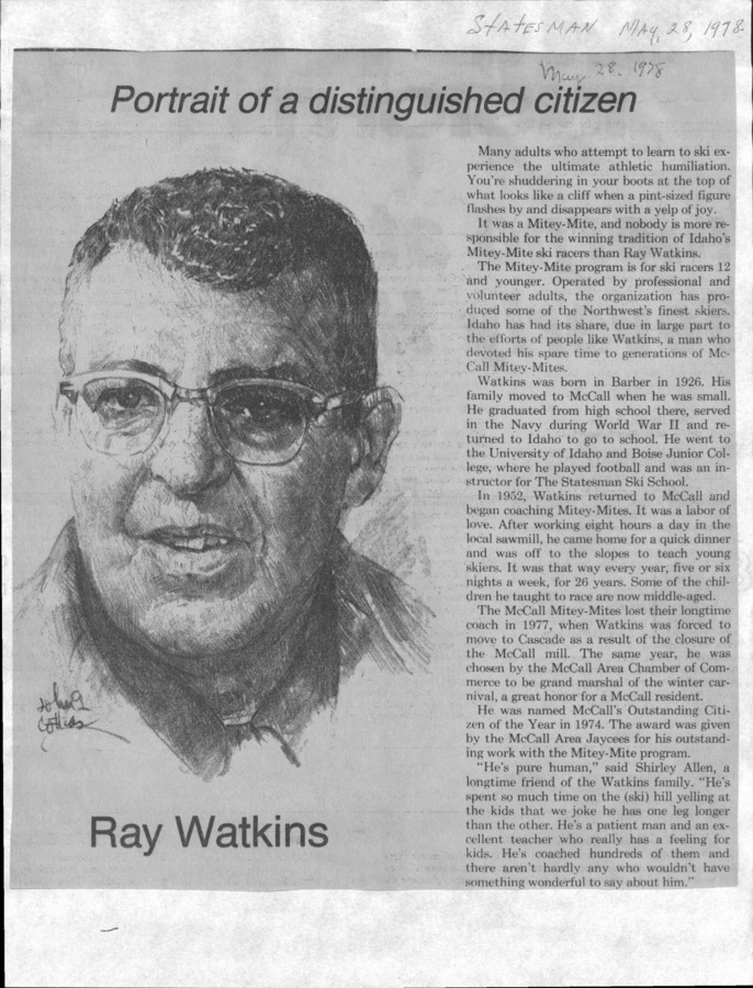 3 pages of family history documents containing and related to Ray Watkins; Bea Watkins; Mitey Mites; Mccall's Outstanding Citizen of the Year, 1974 - including: Statesman, Long Valley Advocate