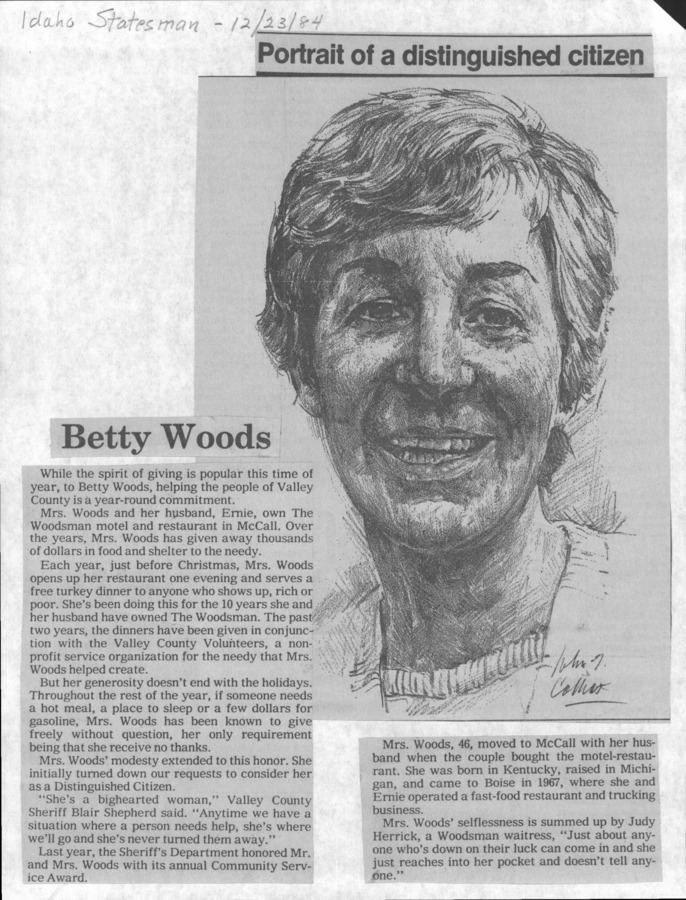 1 page of family history documents containing and related to Betty Woods; Ernie Woods; Woodsman Motel & Restaurant; Community Service Award - including: Idaho Statesman