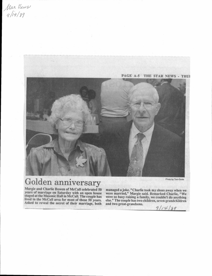1 page of family history documents containing and related to Margie Bowen; Charlie Bowen - including: photo of couple