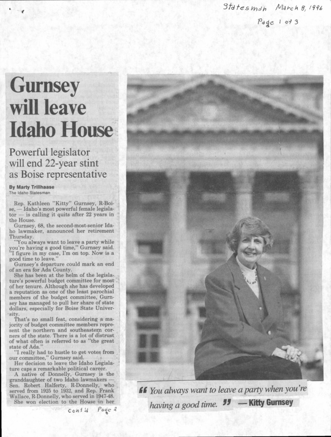 3 pages of family history documents containing and related to Kathleen "Kitty" Gurnsey; - including: Donnelly; Legislator; Idaho Statesman News article