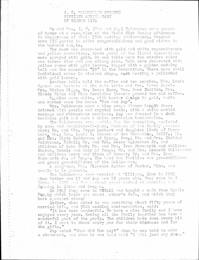 2 pages of family history documents containing and related to J.C. "Jess" Haldeman; Mary Esther Haldeman - including: anniversary; obit
