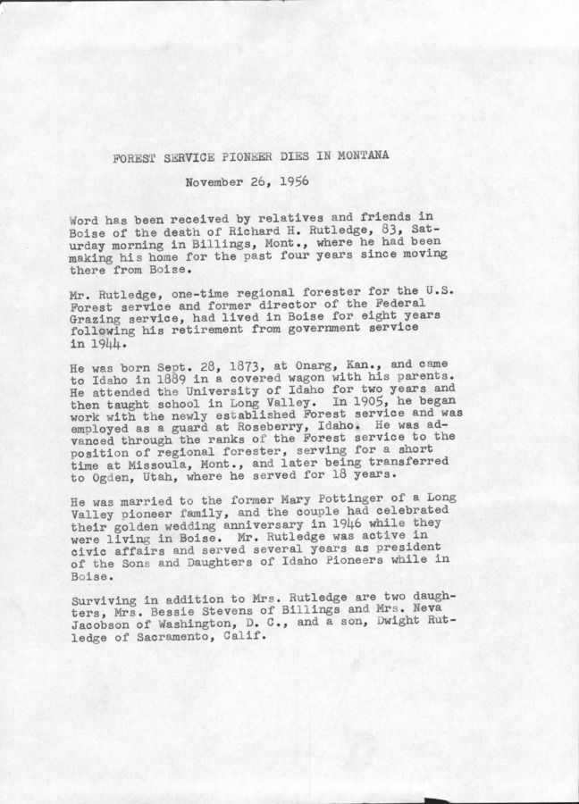 5 pages of family history documents containing and related to Richard H. Rutledge; I.W. "Bud" Rutledge; Clyde Rutledge; Sharon Rutledge Lawrence; Susan Rutledge Hill; - including: Personal announcement of passing, Statesman obituary, Newspaper Wedding announcement, Top Scholars announcement,Star New obituary