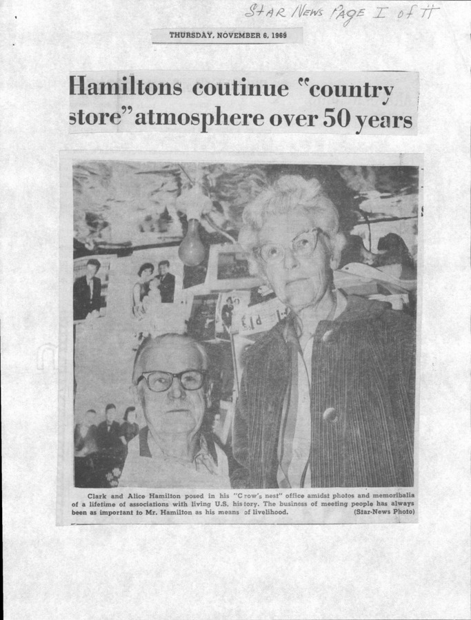 2 pages of family history documents containing and related to Clark Hamilton; Alice Hamilton - including: news article