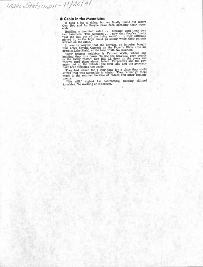 1 page of family history documents containing and related to Governor Robert "Bob" Smylie; Lu Smylie - including: The Idaho Statesman news article