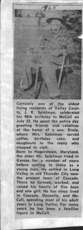 26 pages of family history documents containing and related to J. E. Spielman; Dave Spielman; Clarence "Doc" Spielman; David Spielman; Thunder City, Idaho - including: Newspaper article/98th birthday announcement, draft of speech presentation and Star News article of same, Star News article on China
