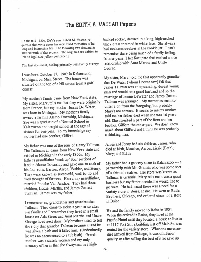 19 pages of family history documents containing and related to Harold "Slim" Vasser; Edith Vasser; Robert Vasser; USFS Big Creek Station - including: The Edith A. Vasser Papers, obit