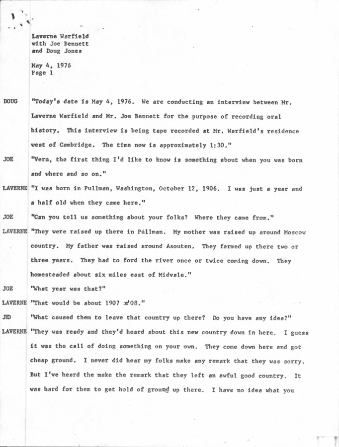 17 pages of family history documents containing and related to LaVerne "Vern" Warfield; Clay Sutton; Wayne Sutton; Bill Deinhard - including: Transcript from Idaho Oral History Project