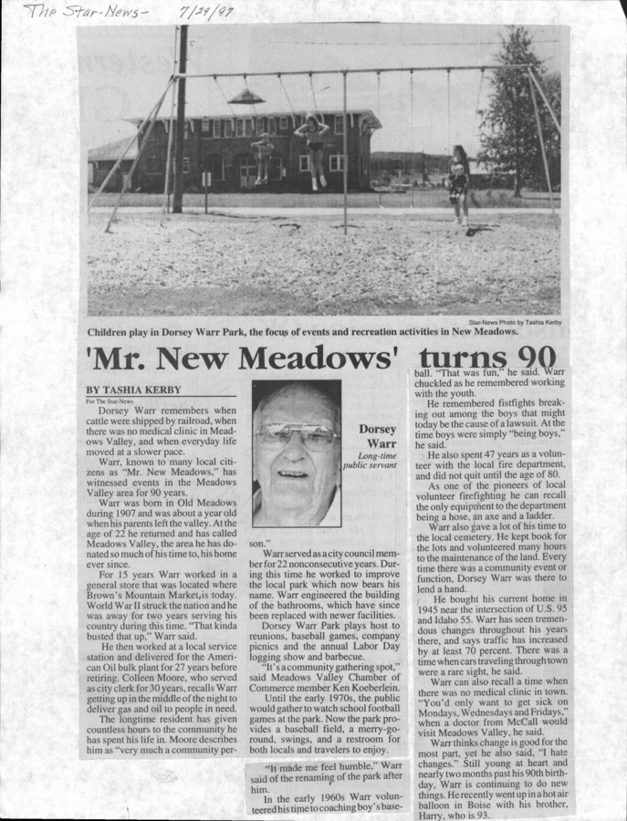1 page of family history documents containing and related to Dorsey Warr; "Mr. New Meadows" - including: The Star News