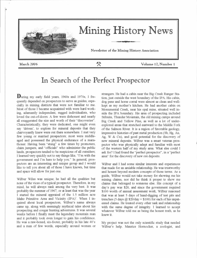 2 pages of family history documents containing and related to Wilber Wiles; "The Perfect Prospector; - including: Mining History News
