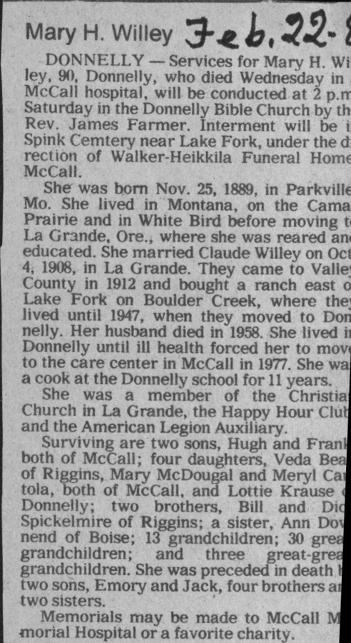 9 pages of family history documents containing and related to Simeon Asa "Sim" Wiley; Governor Norman B. Willey; Mary Willey; Willey Ranch on Salmon River; Warren Mining; Mary Zumwalt - including: The Idaho Statesman, Family members' Personal History