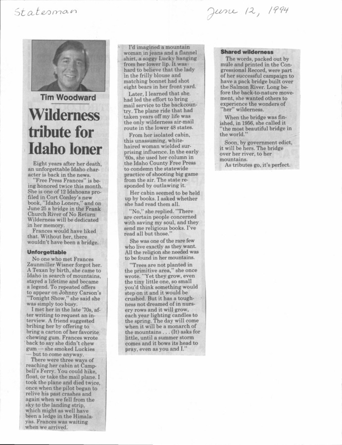2 pages of family history documents containing and related to Frances Zaunmiller Wisner; "Freepress Frances Wisner; Campbell's Ferry; Lydia Coyle; Joe Zaunmiller; Vern Wisner - including: The Idaho Statesman