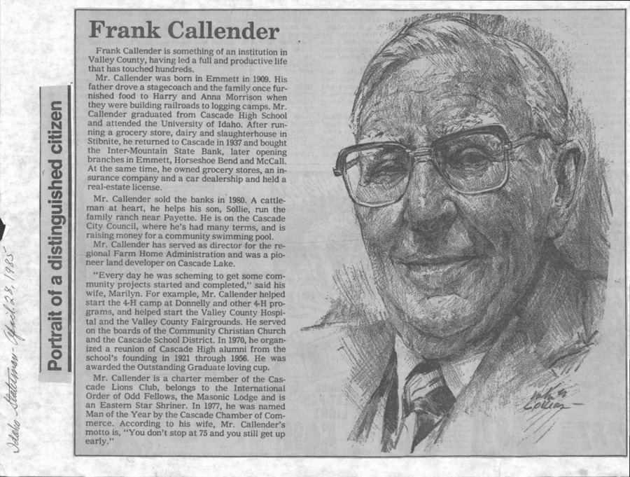 25 pages of family history documents containing and related to Frank Callendar; Marilyn Hoff Callender - including: News articles; Oral History