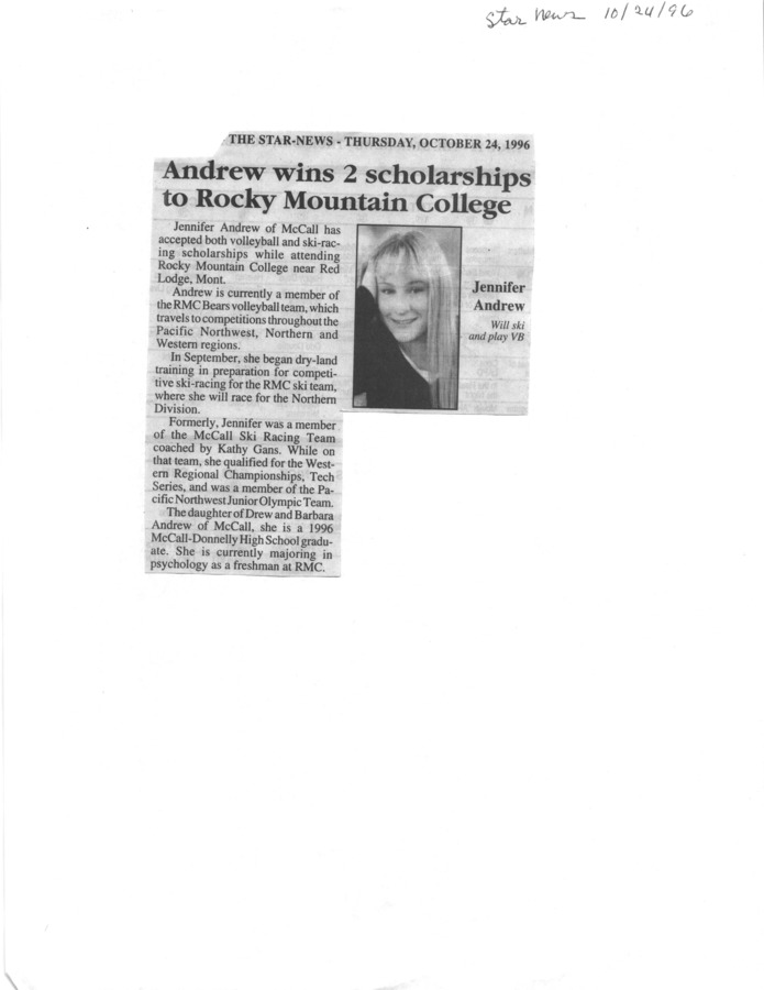 1 page of family history documents containing and related to Jennifer Andrew - including: Jennifer Andrew wins 2 scholarships