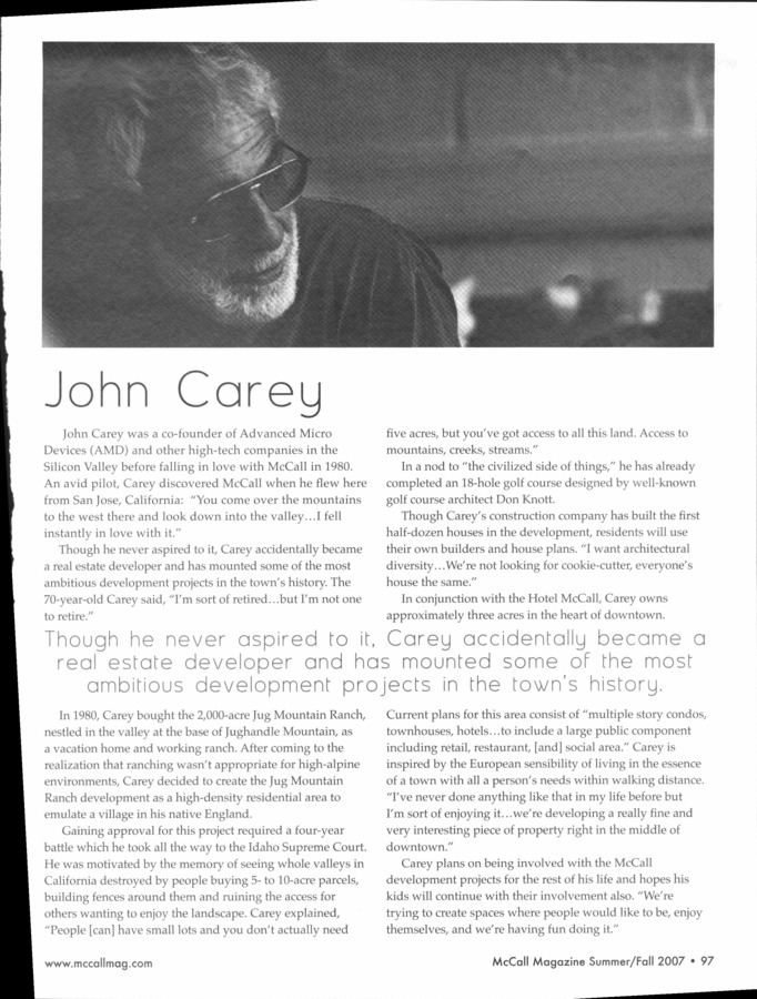 4 pages of family history documents containing and related to John D Carey; AMD - including: McCall Magazine Article, news articles