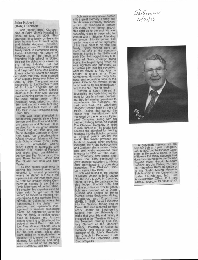 5 pages of family history documents containing and related to Bob Clarkson; Edna Clarkson; Curt Clarkson - including: obit; funeral pamphlet; eulogy