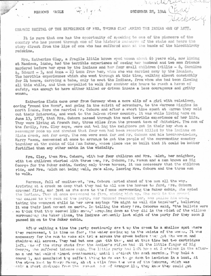 3 pages of family history documents containing and related to Katherine Clay; Thomas Clay - including: Meadows Eagle article; Indian War