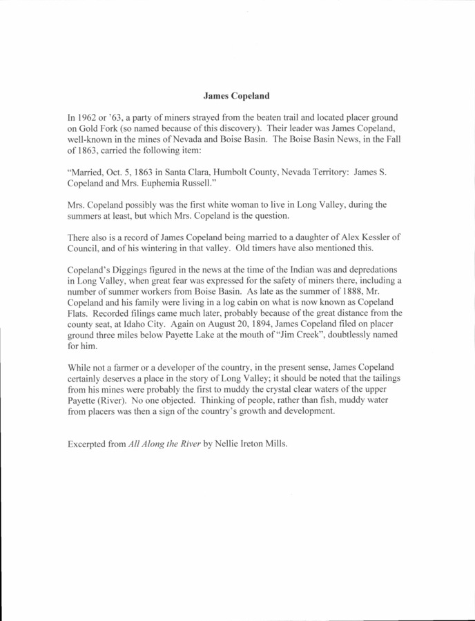 1 page of family history documents containing and related to James Copeland; Nellie Ireton Mills; Euphemia Russell - including: Escerpt from "All Along the River" by Nellie Mills