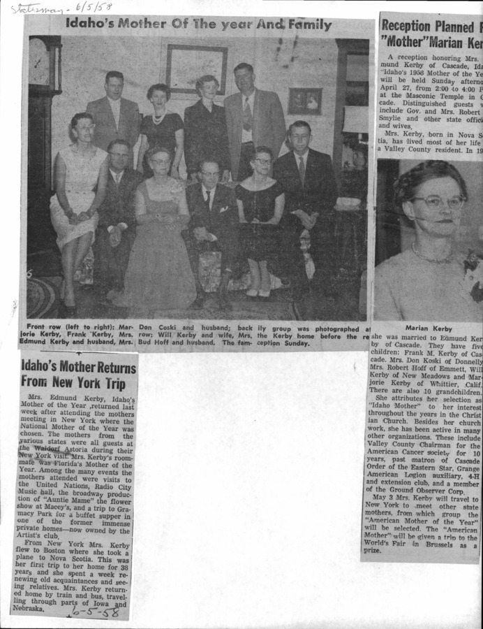 32 pages of family history documents containing and related to Tom Coski; Edmund Kirby; Marian Kirby - including: Mother of the Year; News Articles; Oral History;