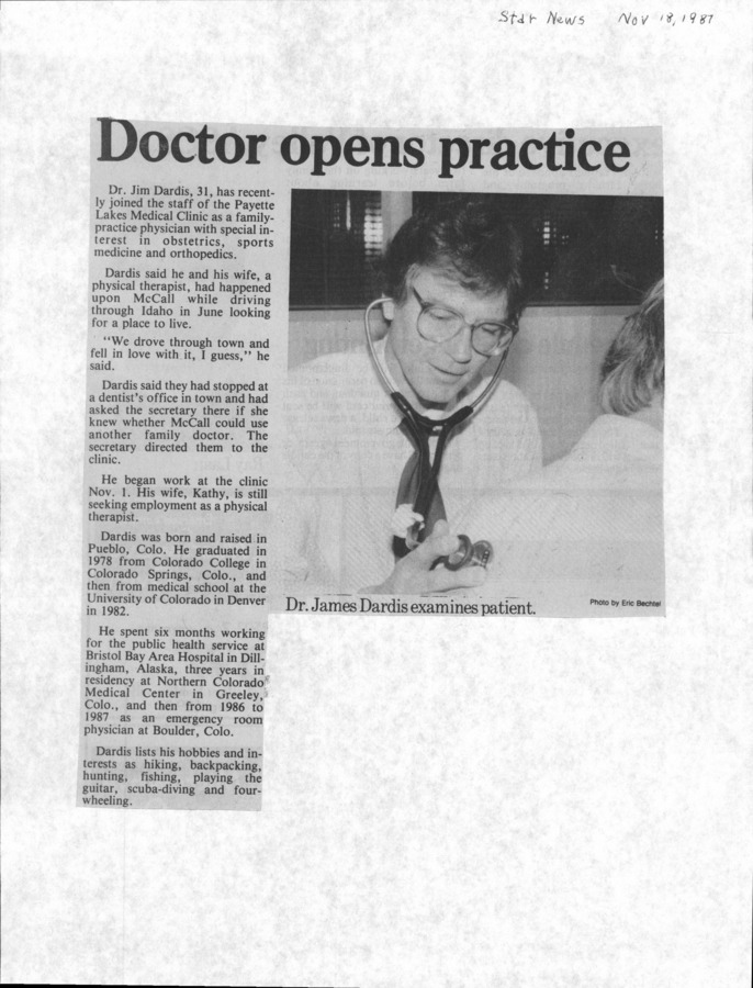 1 page of family history documents containing and related to Doctor Jim Dardis - including: Star News article