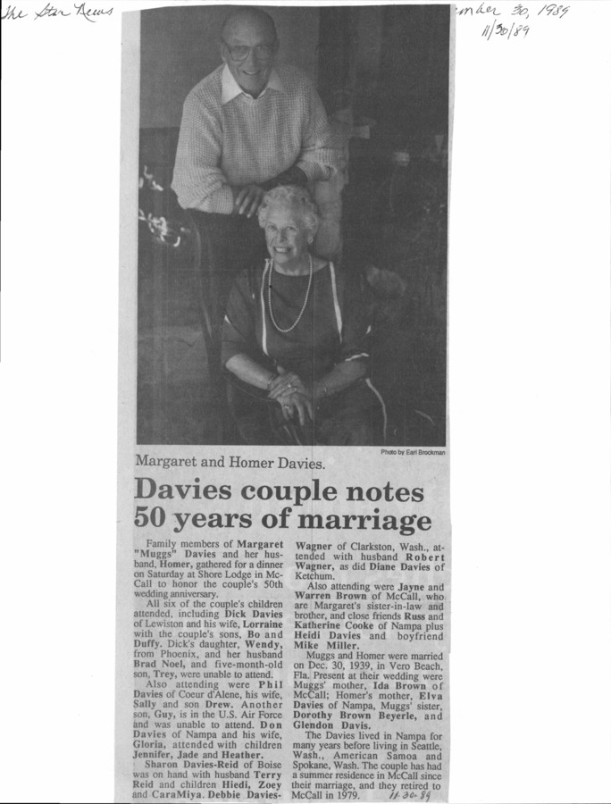 3 pages of family history documents containing and related to Homer Davies; Margaret "Muggs" Brown Davies - including: marriage anniversary;