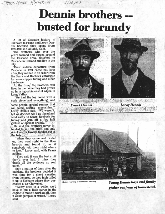 2 pages of family history documents containing and related to Frank Dennis; Leroy Dennis - including: Crime; Star News article; bootlegger