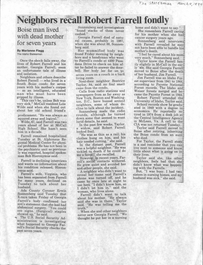 1 page of family history documents containing and related to Jim Farrell; Georgia Farrell; Robert "Bob' Farrell - including: News article