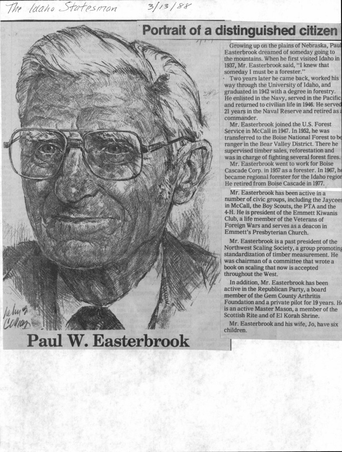 1 page of family history documents containing and related to Paul W. Easterbrook; Jo Easterbrook - including: Idaho Statesman news article