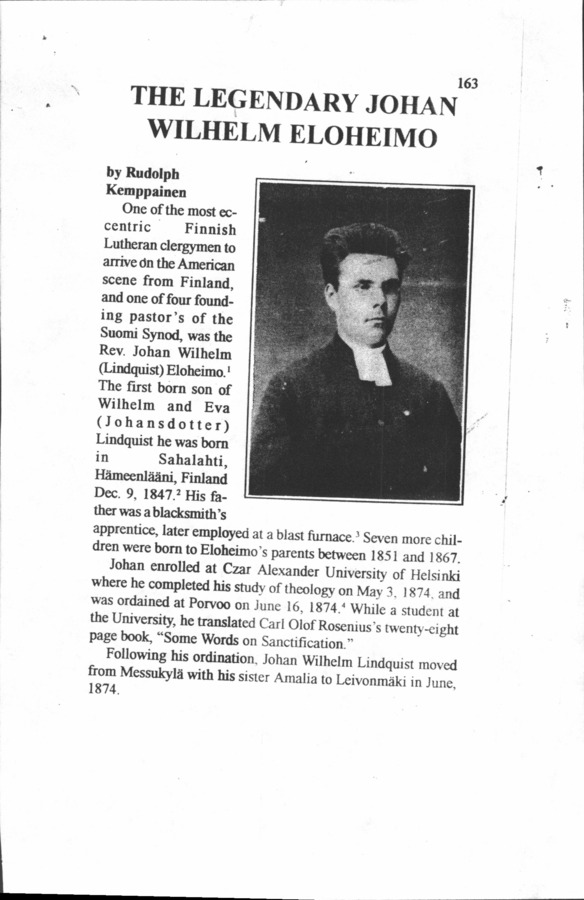 23 pages of family history documents containing and related to Rev. Johan Wilhelm Lindquist Eloheimo; - including: Finnish Church; Finnish settlers; Elo history; Long Valley Idaho history; published excerpt