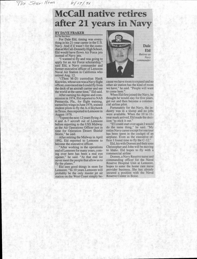1 page of family history documents containing and related to Dale Eld - including: Star News article; Navy