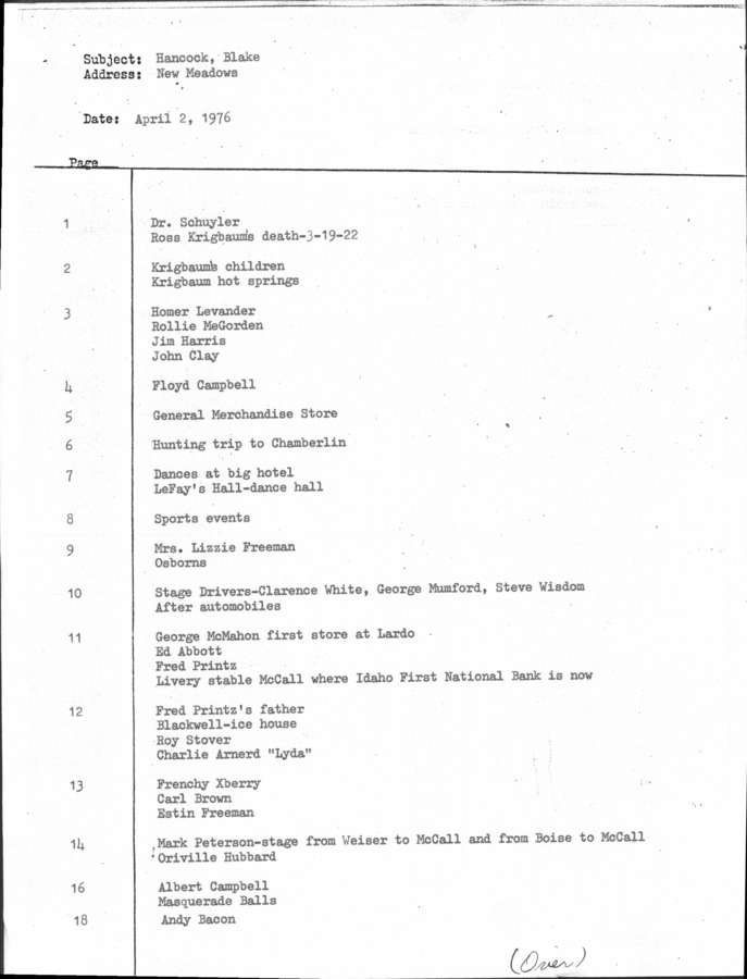 27 pages of family history documents containing and related to Blake Hancock; - including: New Meadows; Index; Oral History