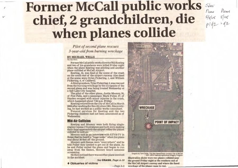 12 pages of subject files containing and related to Air Crash of Bill Keating Family
