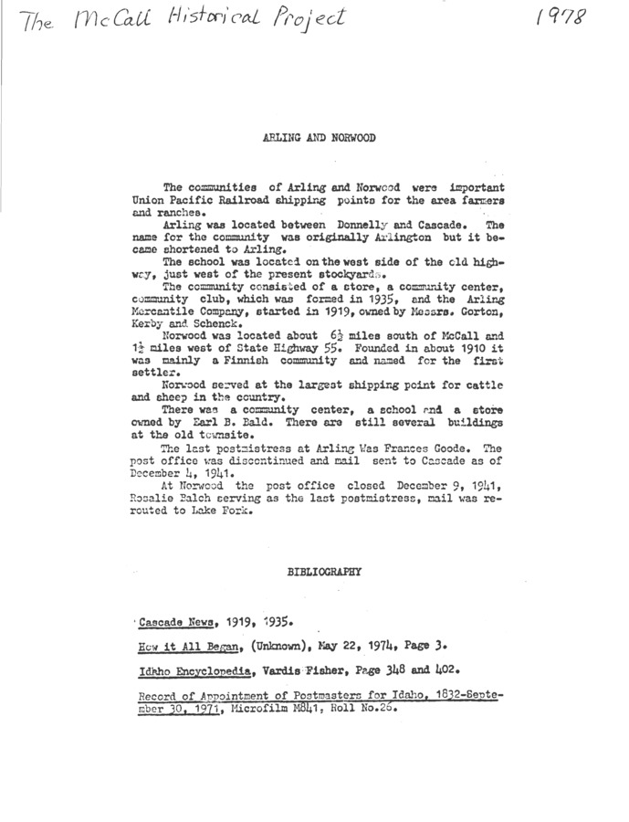 9 pages of subject files containing and related to Arling, Idaho