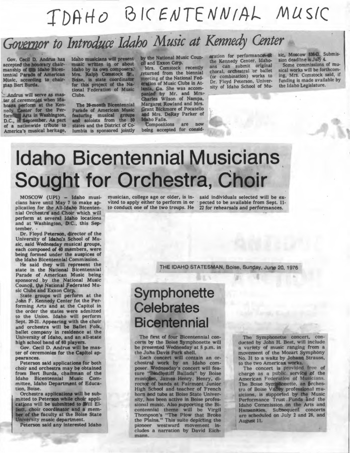 14 pages of subject files containing and related to Bicentennial: Music