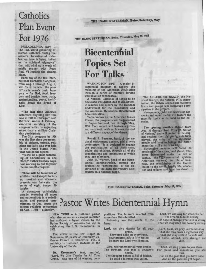 150 pages of subject files containing and related to Bicentennial: National Clippings