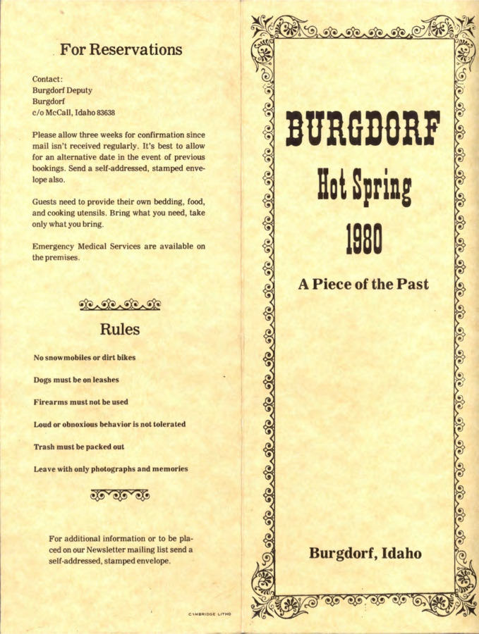 8 pages of subject files containing and related to Burgdorf, Idaho: History