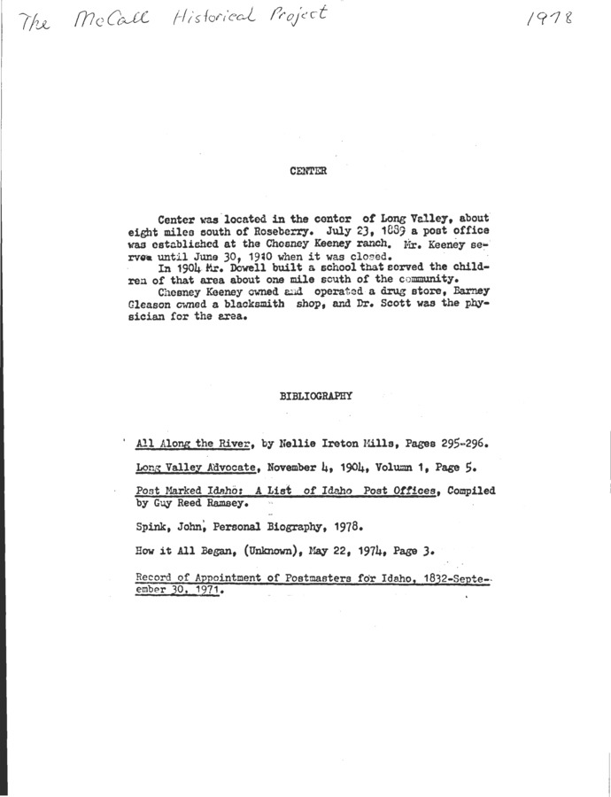 1 pages of subject files containing and related to Center, Idaho