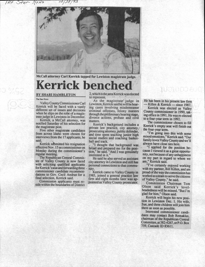 1 page of family history documents containing and related to Carl Kerrick - including: Star News article