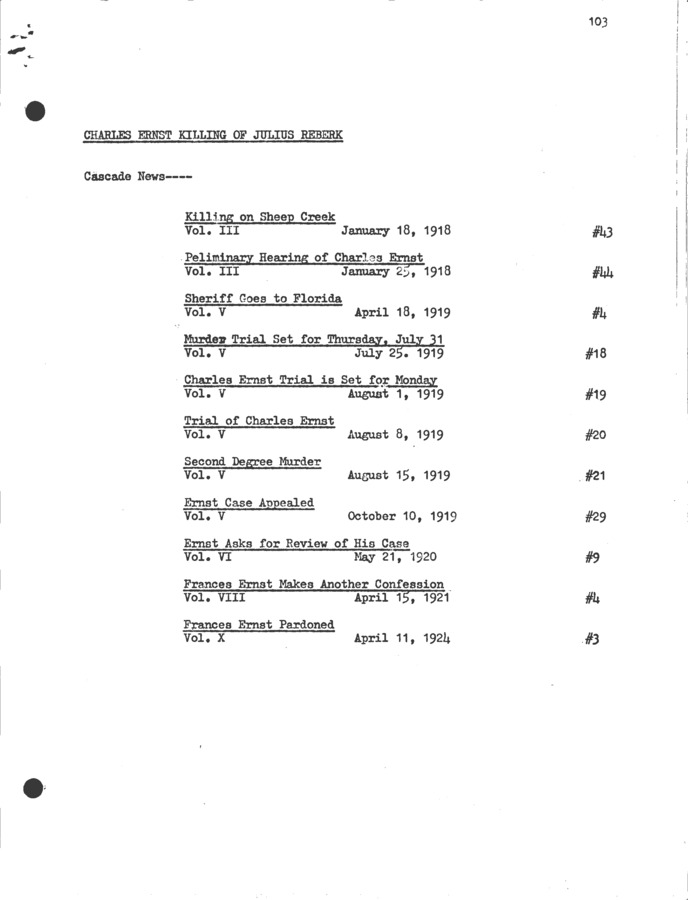 18 pages of subject files containing and related to Crime: Murder - Reberk, Julius