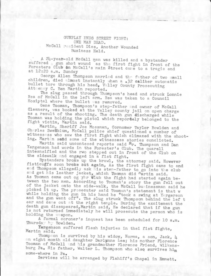 1 pages of subject files containing and related to Crime: Murder - Thompson, George Allen