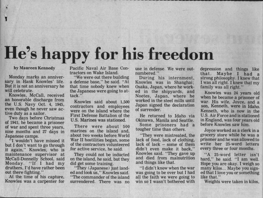 5 pages of family history documents containing and related to Hank Knowles; Prisoner of War from McCall - including: Statesman news article