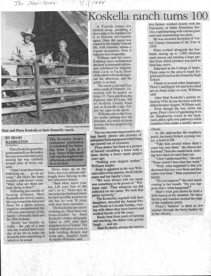 1 page of family history documents containing and related to Matt Koskella; Flora Koskella - including: Star News article of Finnish homesteaders' 100 year old ranch south of Donnelly; Flora a teacher