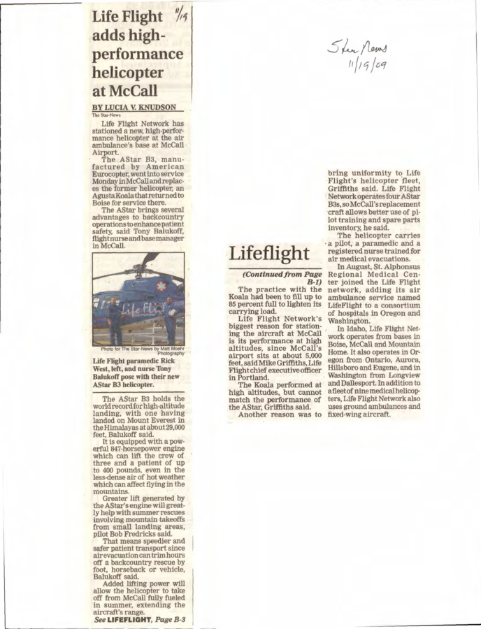 1 pages of subject files containing and related to McCall, Idaho: Life Flight